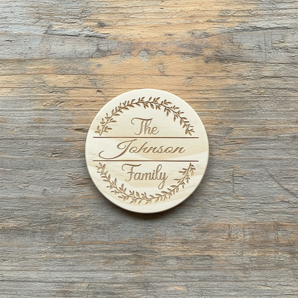 Personalized leafy wreath arc family name wood coaster flat lay on rustic wood background