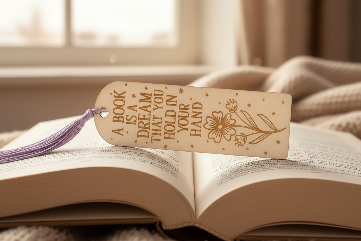 A Book is a Dream laser engraved wood bookmark with light purple tassel resting on open book lifestyle photo