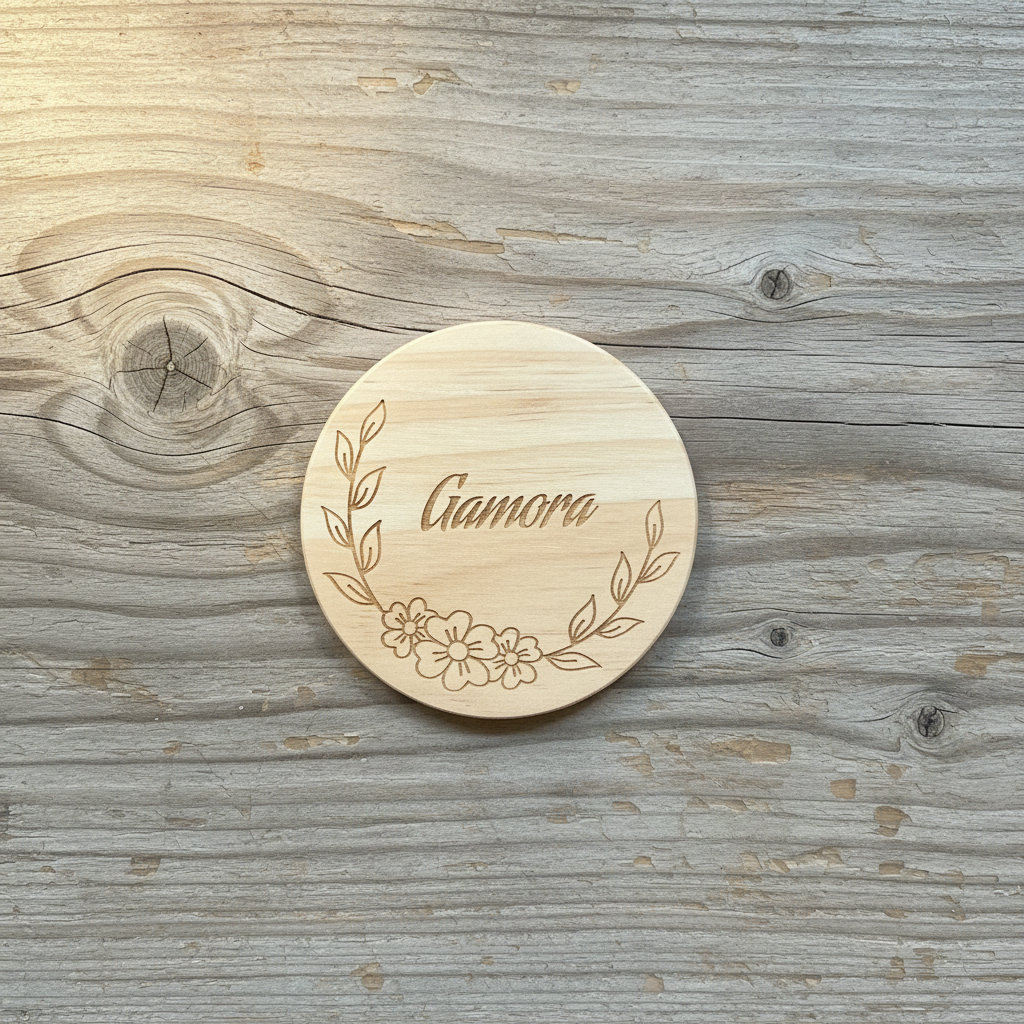 Personalized floral vine name wood coaster flat lay on rustic wood background