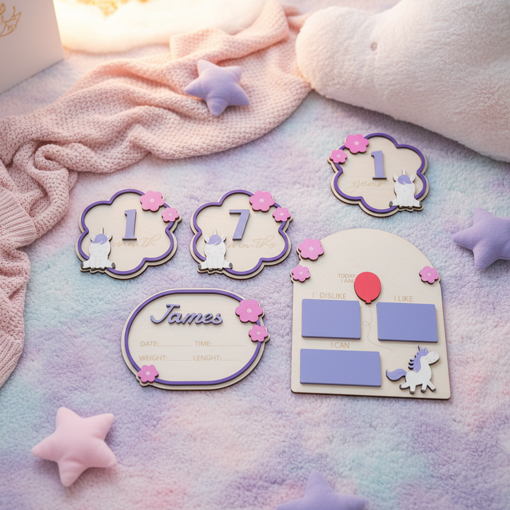 Full unicorn milestone board set layout with oval sign, cloud markers and arched milestone board