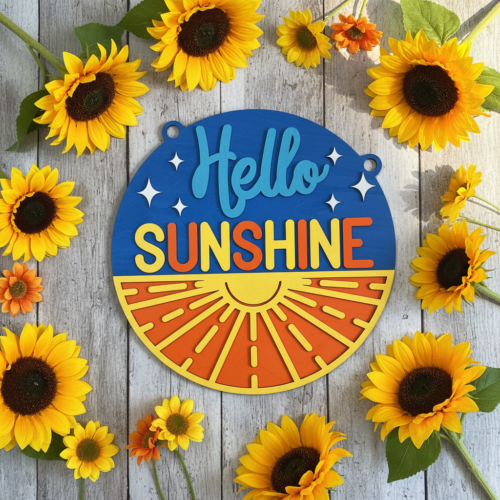 Round blue and orange laser engraved wood sign reading Hello Sunshine flat lay on rustic wood surface with sunflowers