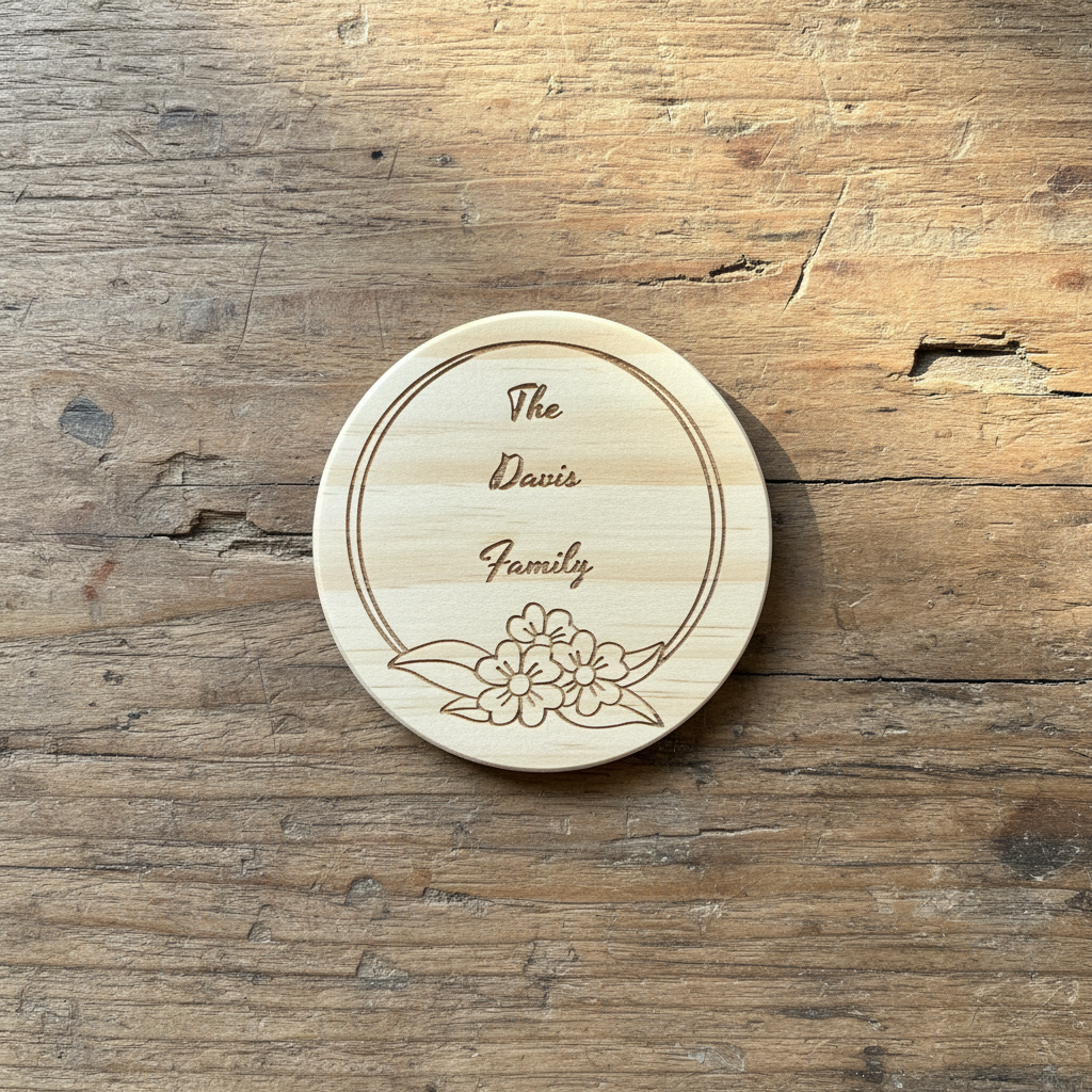 Personalized floral circle frame wood coaster flat lay on rustic wood background