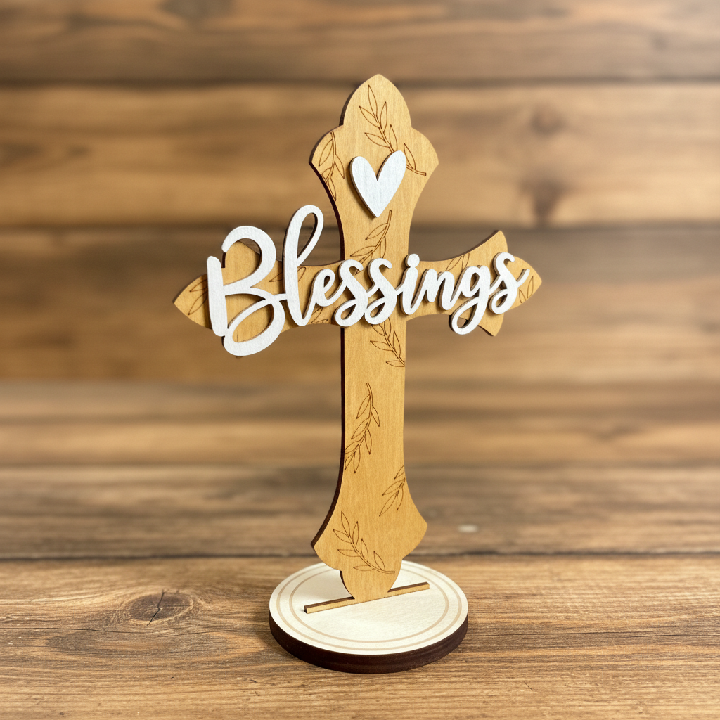 Laser Engraved Wood Cross Blessings with stand on rustic wood surface