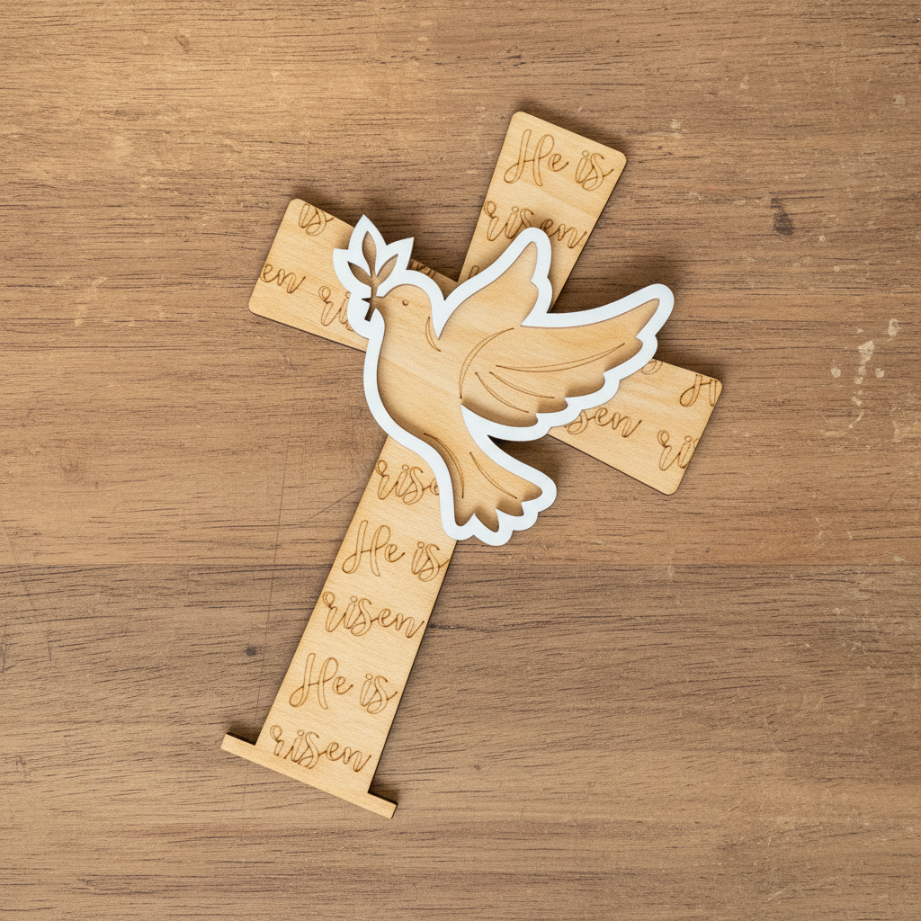 Laser Engraved Wood Cross The Dove of Peace detail shot on rustic wood surface