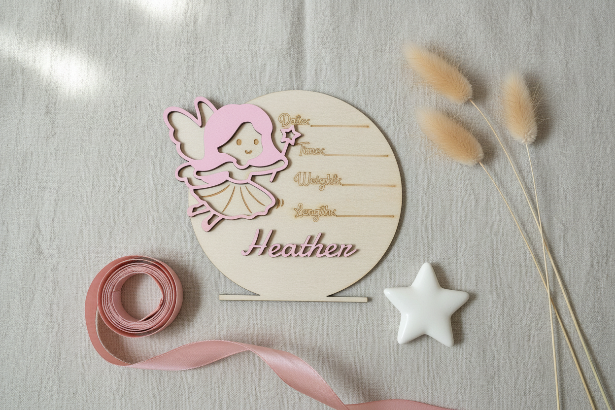 Personalized wooden baby birth announcement sign with pink fairy design styled flat lay on linen surface