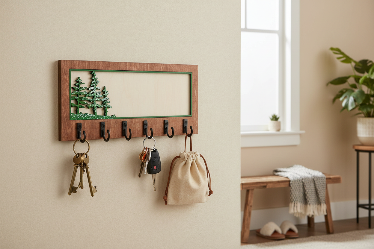 Evergreen forest laser cut wood key hanger with 6 hooks mounted in entryway lifestyle photo