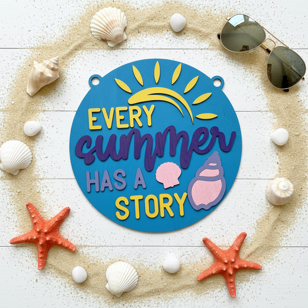 Round teal blue laser engraved wood sign reading Every Summer Has a Story flat lay with summer beach props