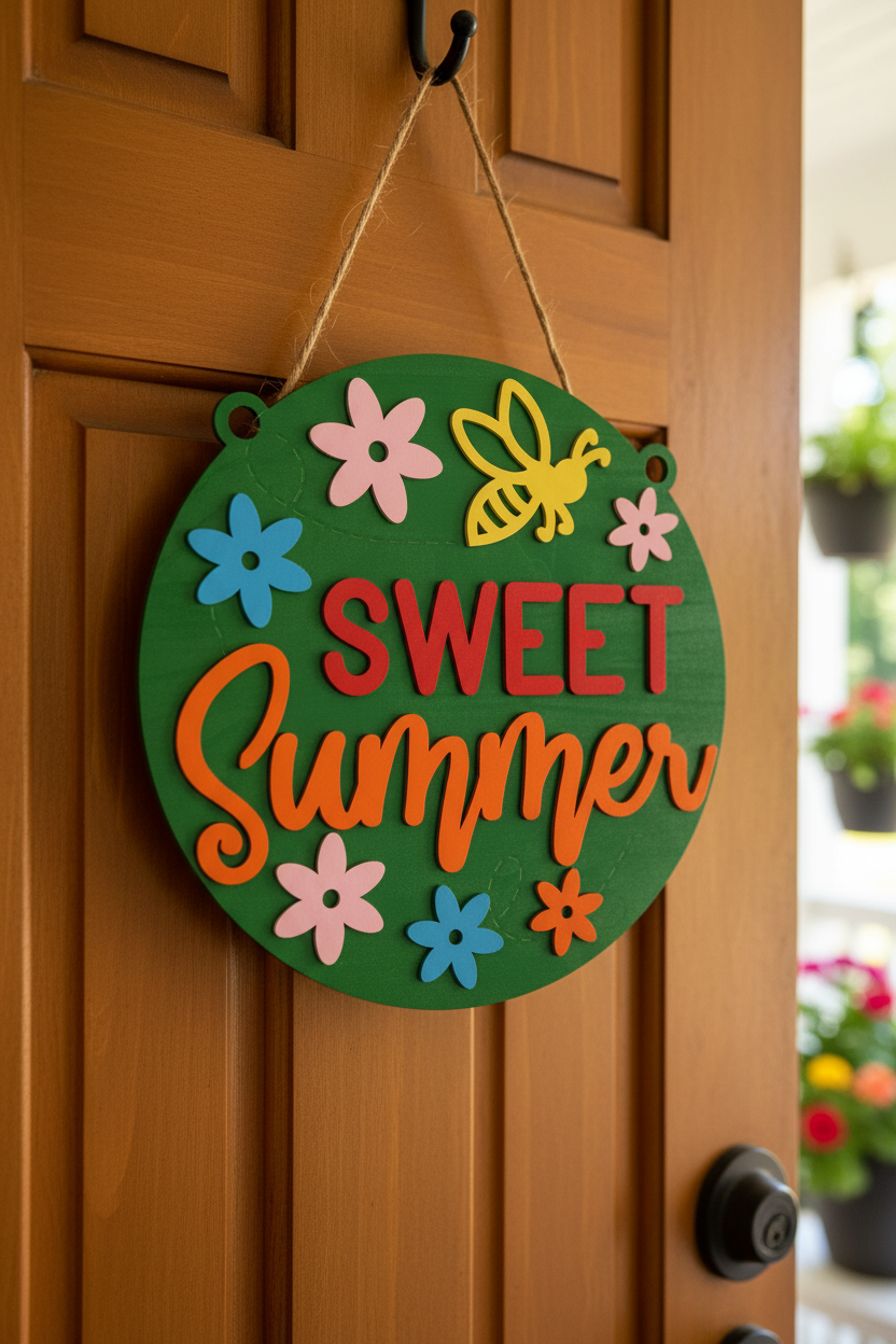 Round green laser engraved wood sign reading Sweet Summer with colorful flowers and bee hanging on a front door with brown twine