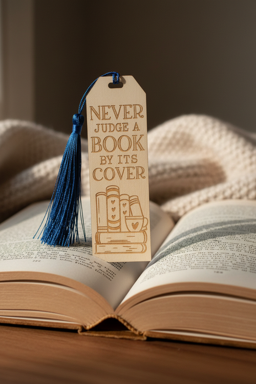 Never Judge a Book by Its Cover laser engraved wood bookmark with blue tassel resting on open book lifestyle photo