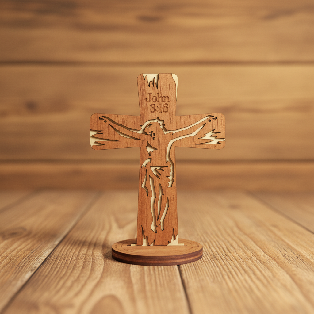 Laser Engraved Wood Cross John 3:16 with stand on rustic wood surface