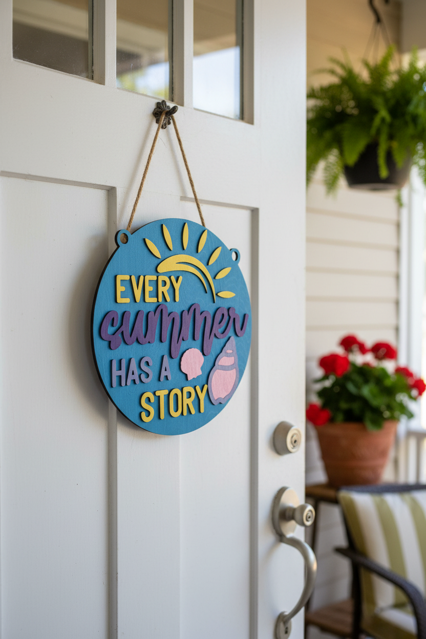 Round teal blue laser engraved wood sign reading Every Summer Has a Story with sun and seashell cutouts hanging on a front door