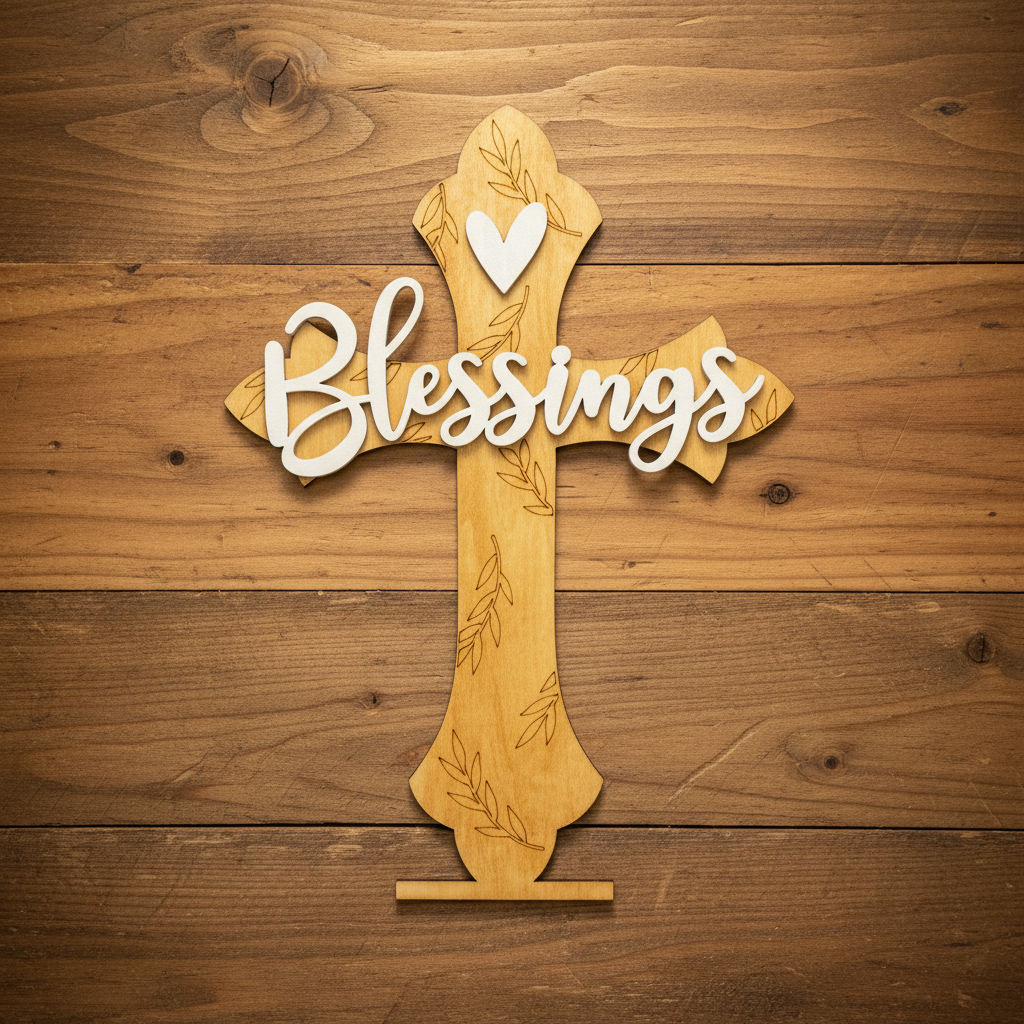 Laser Engraved Wood Cross Blessings detail shot on rustic wood surface