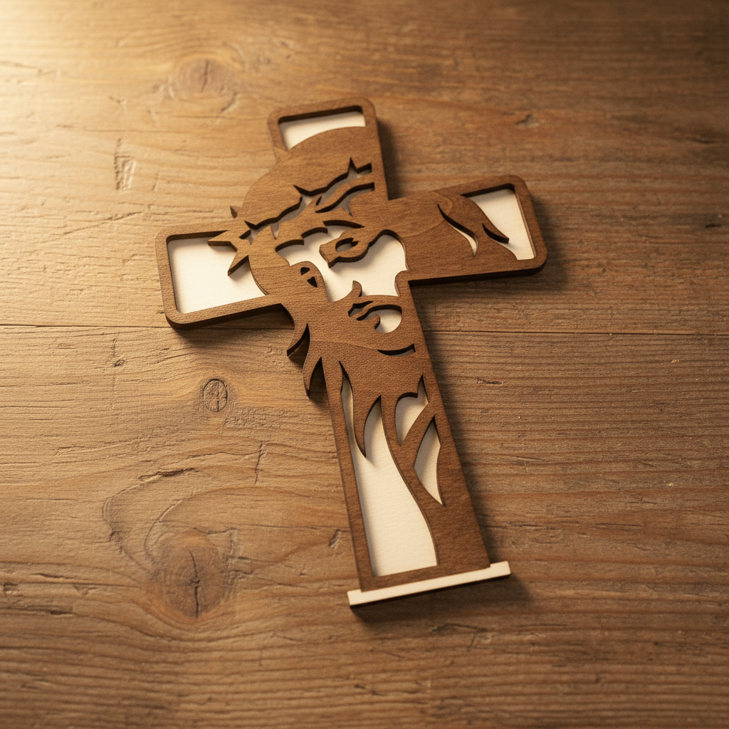 Laser Engraved Wood Cross The Sacred Face detail shot on rustic wood surface