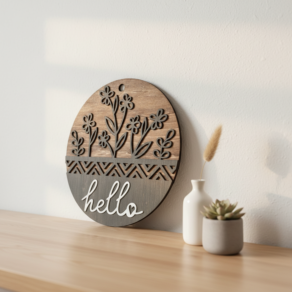 Hello Botanical Chevron circular laser engraved wood sign leaning against white wall with neutral home decor