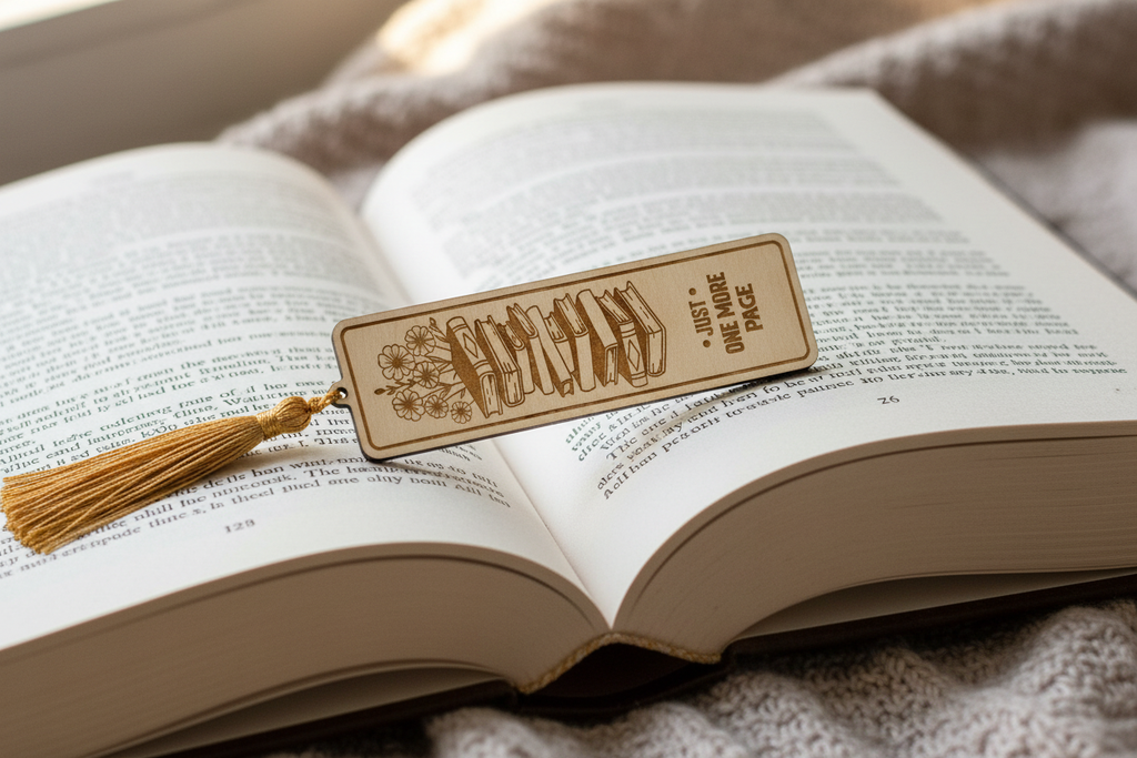 Just One More Page laser engraved wood bookmark with gold tassel resting on open book lifestyle photo