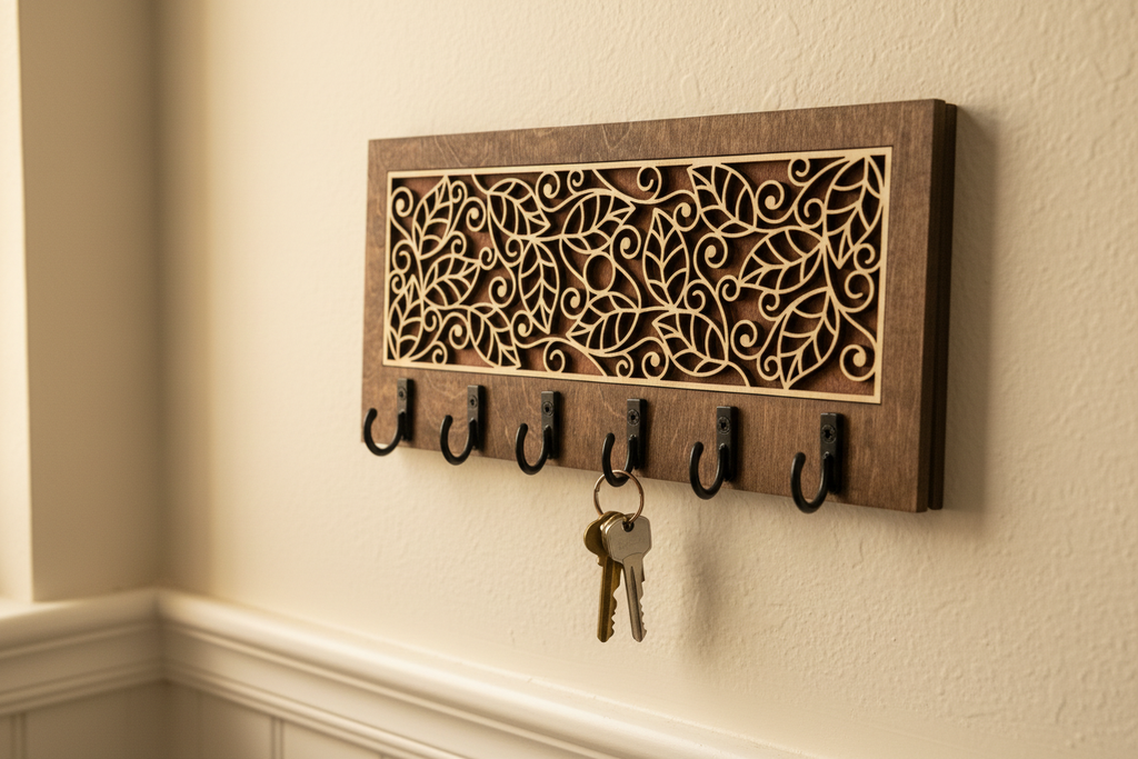 Vine and leaf laser cut wood key hanger with 6 hooks mounted in entryway lifestyle photo