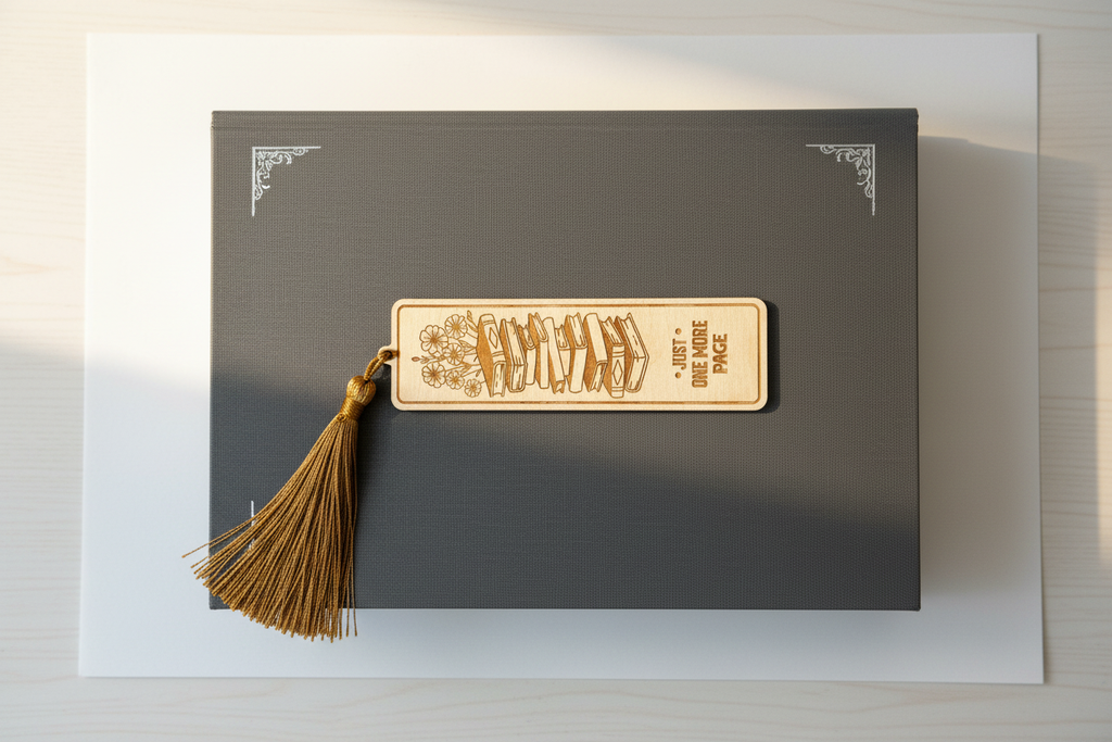 Just One More Page laser engraved wood bookmark with gold tassel flat lay on closed book cover