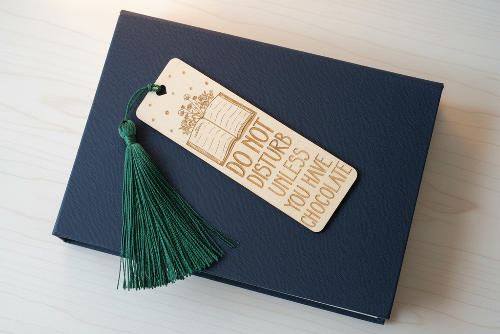 Do Not Disturb Unless You Have Chocolate laser engraved wood bookmark with dark green tassel flat lay on closed book cover