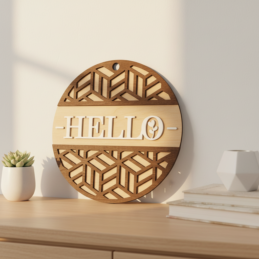 Hello circular laser engraved wood sign leaning against white wall with neutral home decor