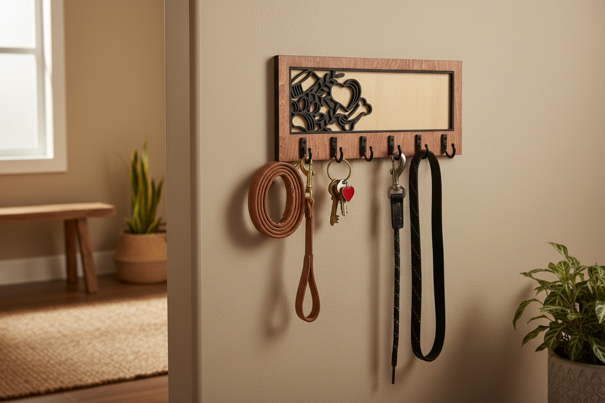 Paw print laser cut wood key hanger with 6 hooks mounted in entryway lifestyle photo