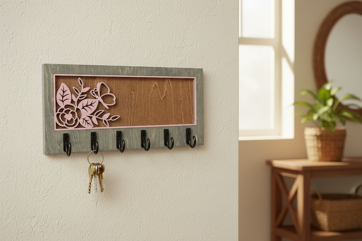 Rose and butterfly laser cut wood key hanger with 6 hooks mounted in entryway lifestyle photo
