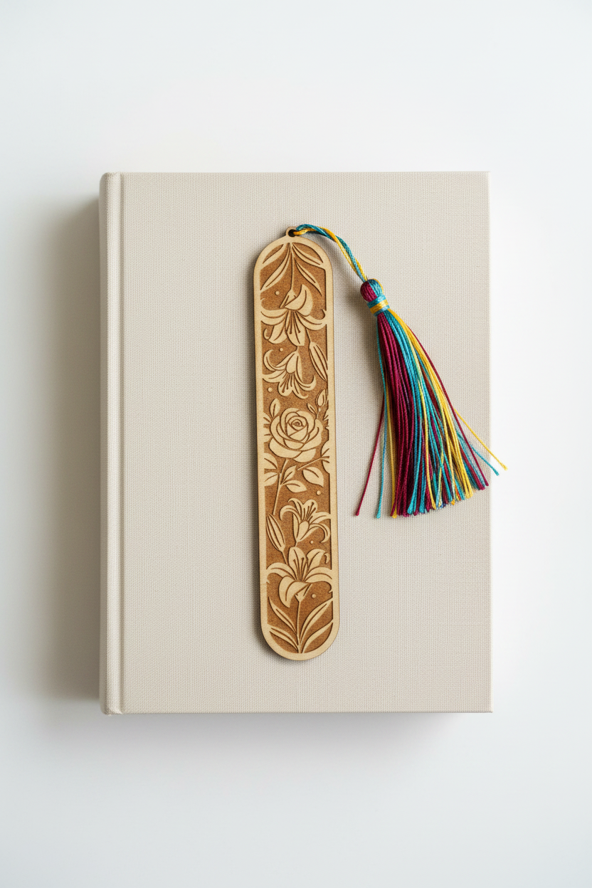 Lily and rose laser engraved wood bookmark flat lay on closed book cover