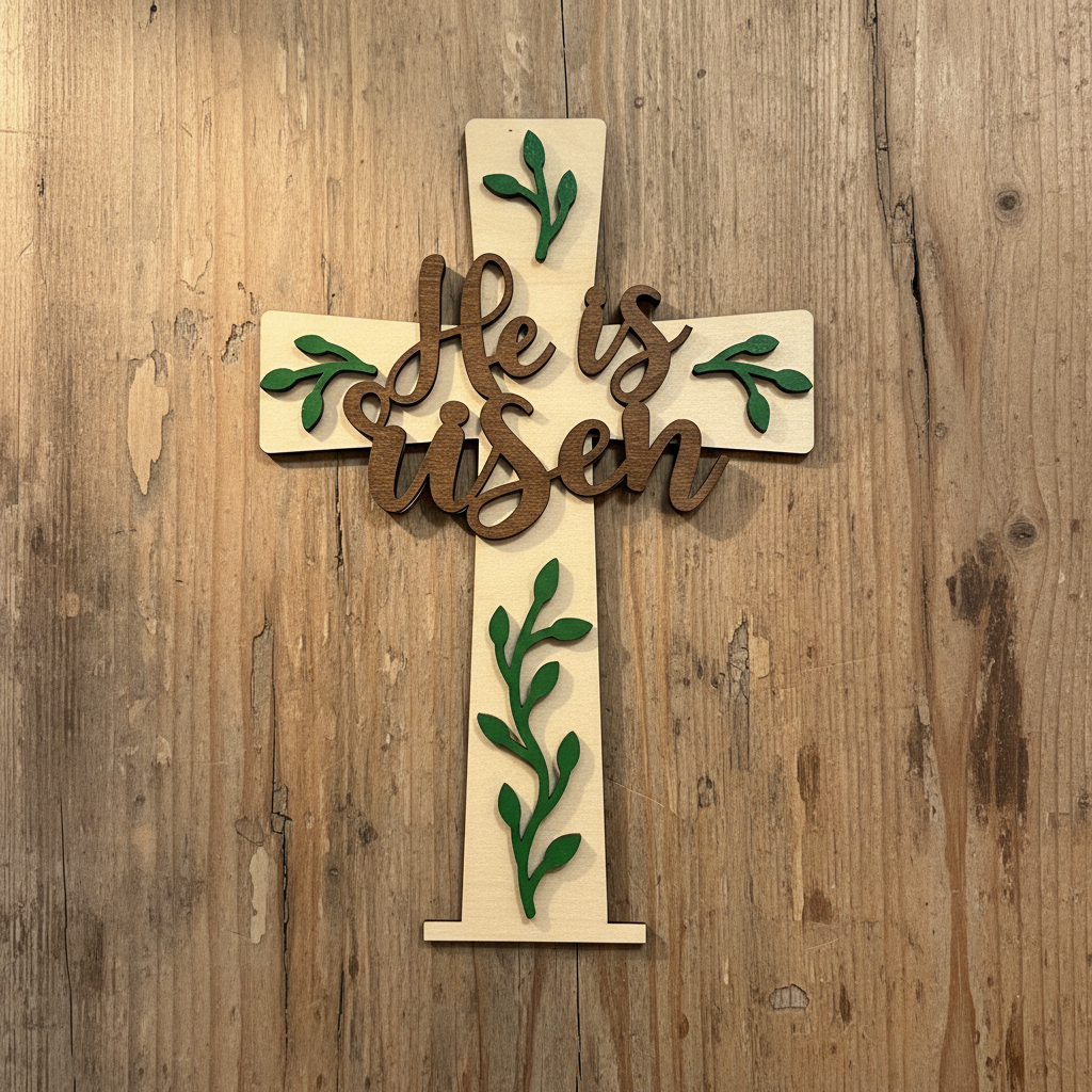 Laser Engraved Wood Cross He Is Risen detail shot on rustic wood surface