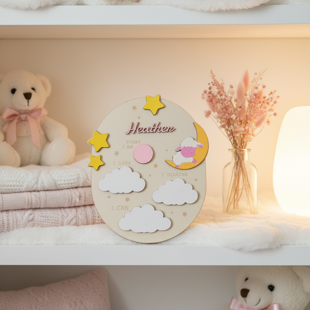 Lamb oval milestone board with moon, stars and clouds in pastel pink nursery