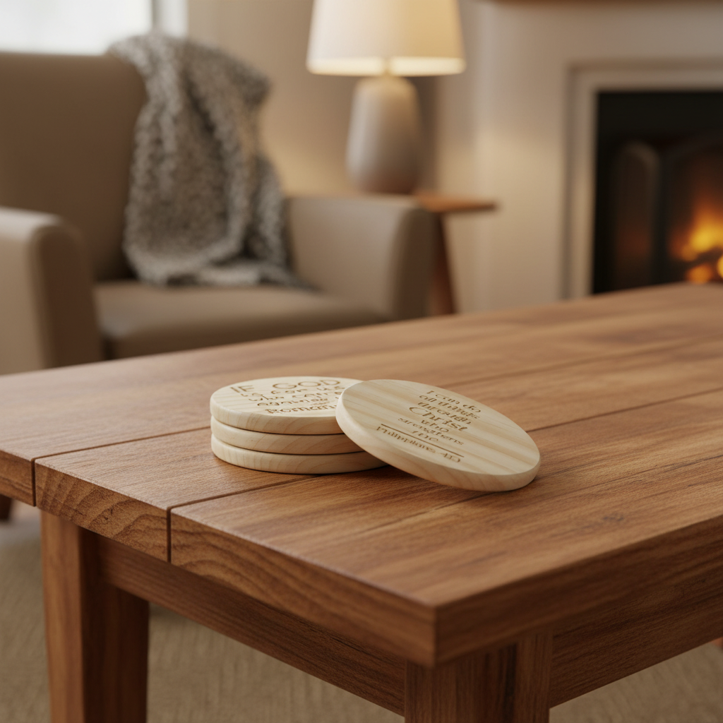 Laser engraved scripture quote wood coasters fanned stack lifestyle shot