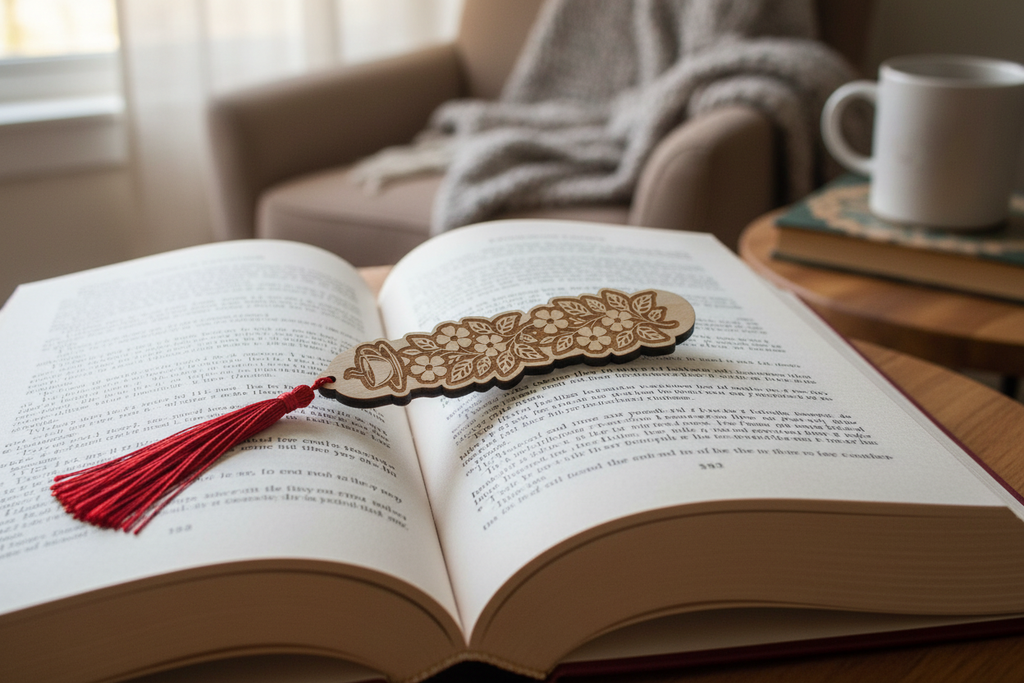 Coffee and floral laser engraved wood bookmark with red tassel resting on open book lifestyle photo