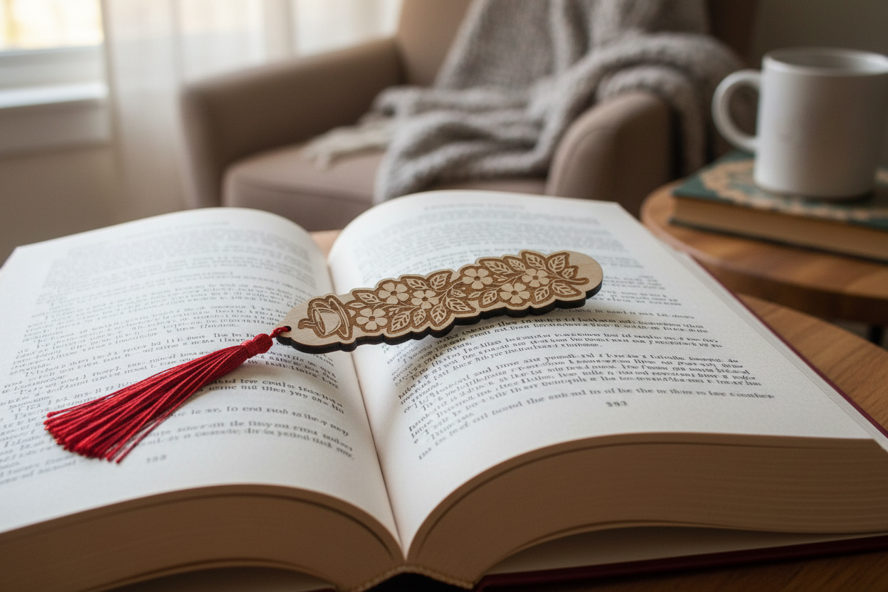 Coffee and floral laser engraved wood bookmark with red tassel resting on open book lifestyle photo