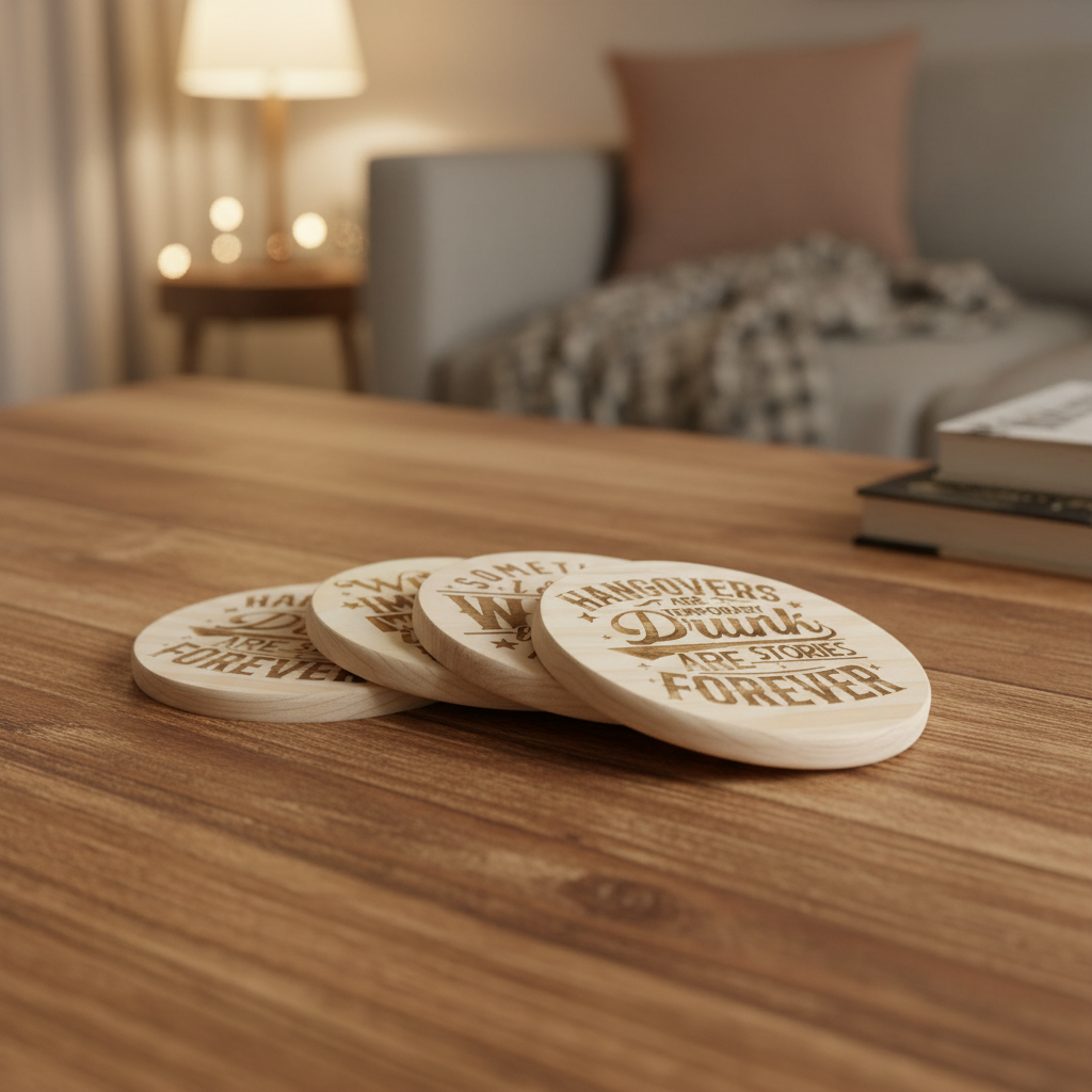 Laser engraved funny drink quote wood coasters fanned stack lifestyle shot