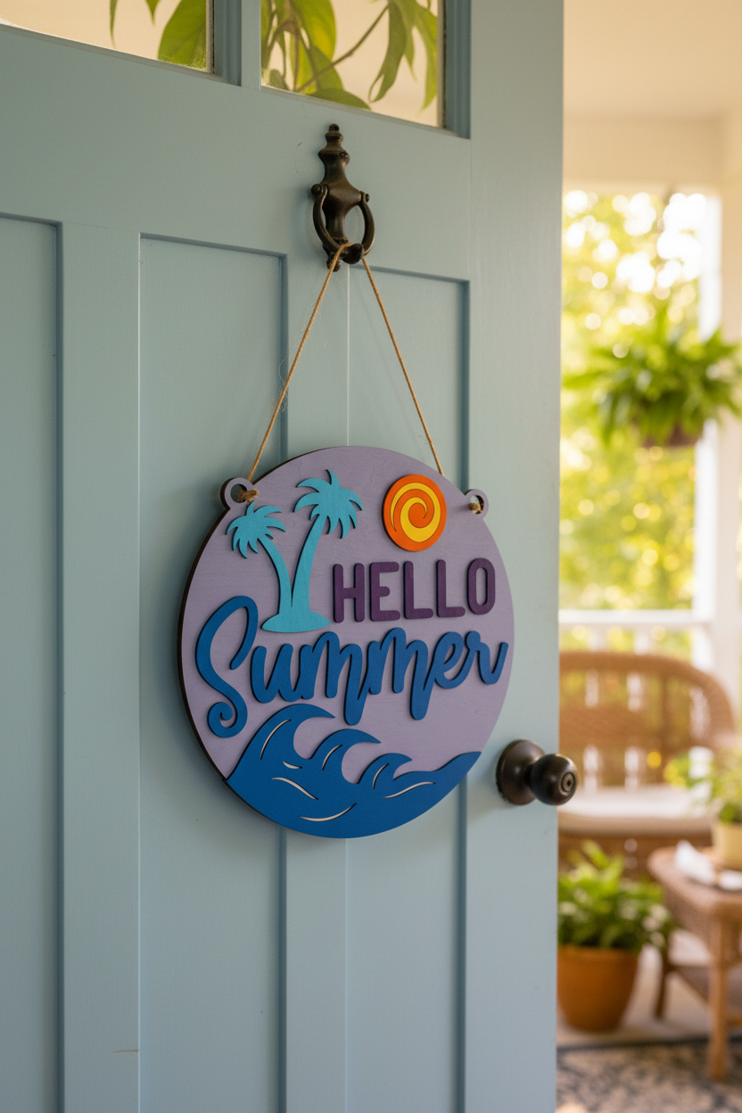 Round lavender laser engraved wood sign reading Hello Summer with palm trees and ocean waves hanging on a front door with brown yarn string