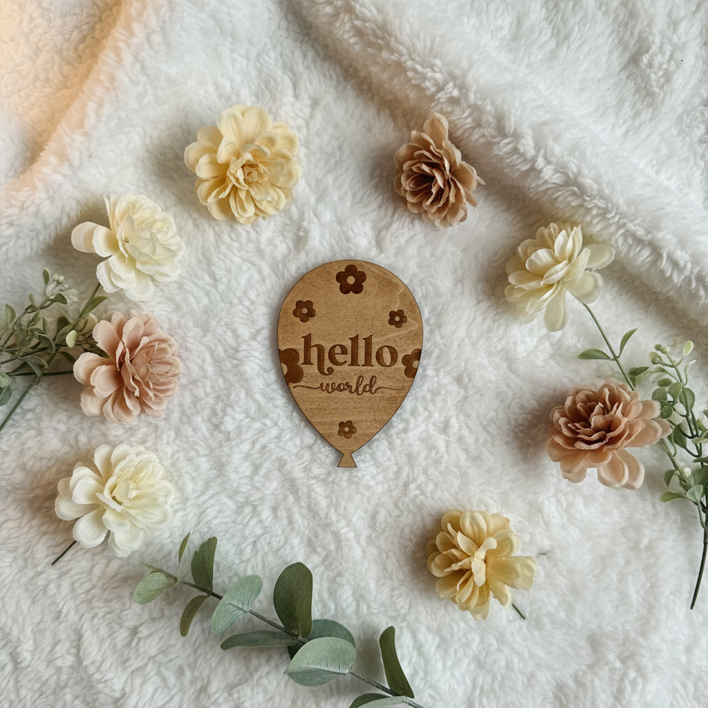 Balloon-shaped laser engraved wood hello world milestone photo prop with daisy flowers on soft white blanket