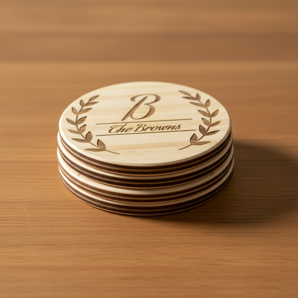 Stack of 4 personalized open laurel branch monogram laser engraved wood coasters side view