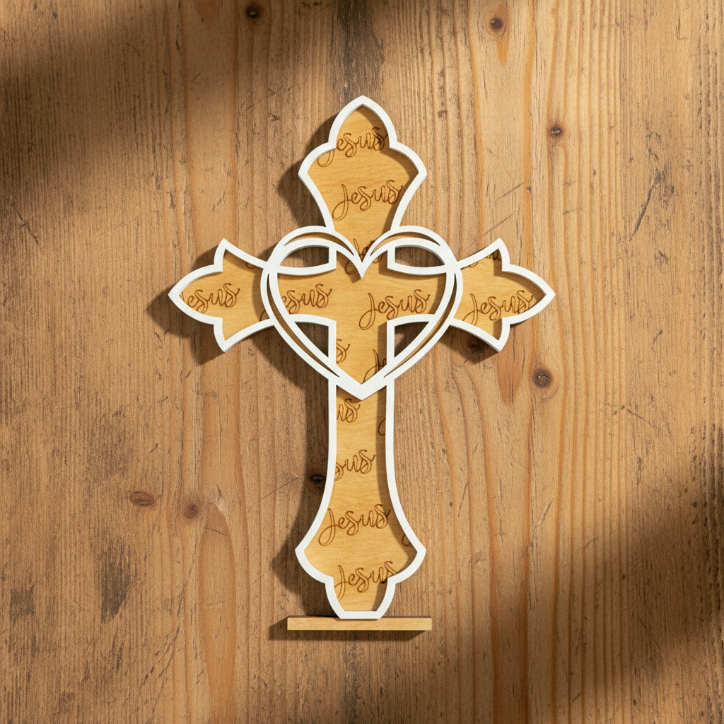 Laser Engraved Wood Cross The Heart of Jesus detail shot on rustic wood surface