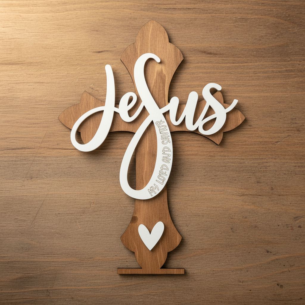 Laser Engraved Wood Cross Jesus My Lord and Savior detail shot on rustic wood surface