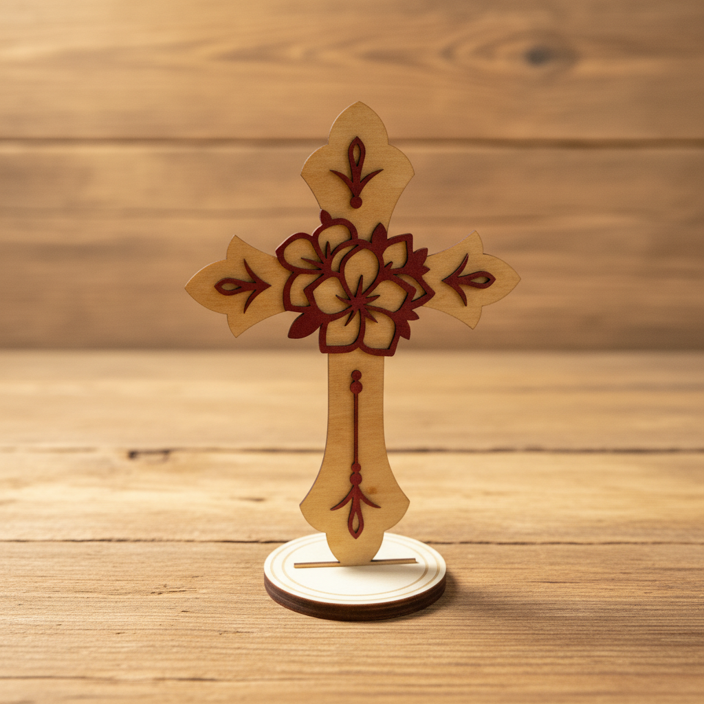 Laser Engraved Wood Cross Floral Cross with stand on rustic wood surface