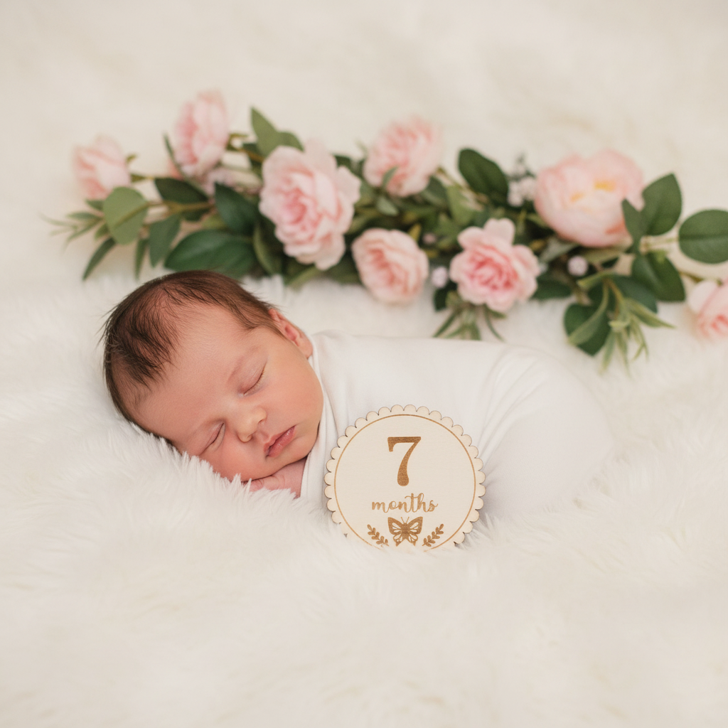Round wood butterfly milestone disc showing 7 months next to sleeping newborn with pink flowers