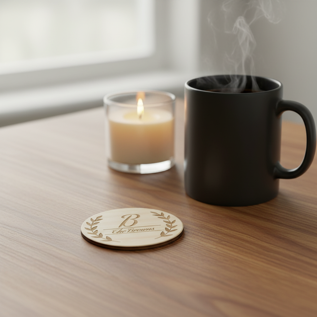 Personalized open laurel branch monogram wood coaster lifestyle photo