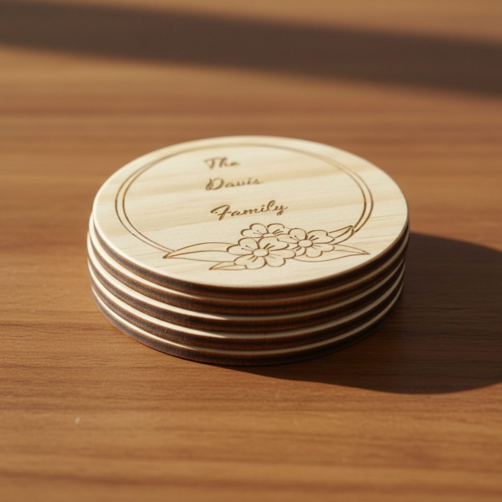 Stack of 4 personalized floral circle frame laser engraved wood coasters side view