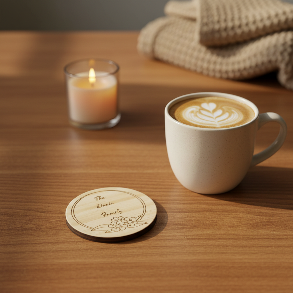 Personalized floral circle frame wood coaster lifestyle photo