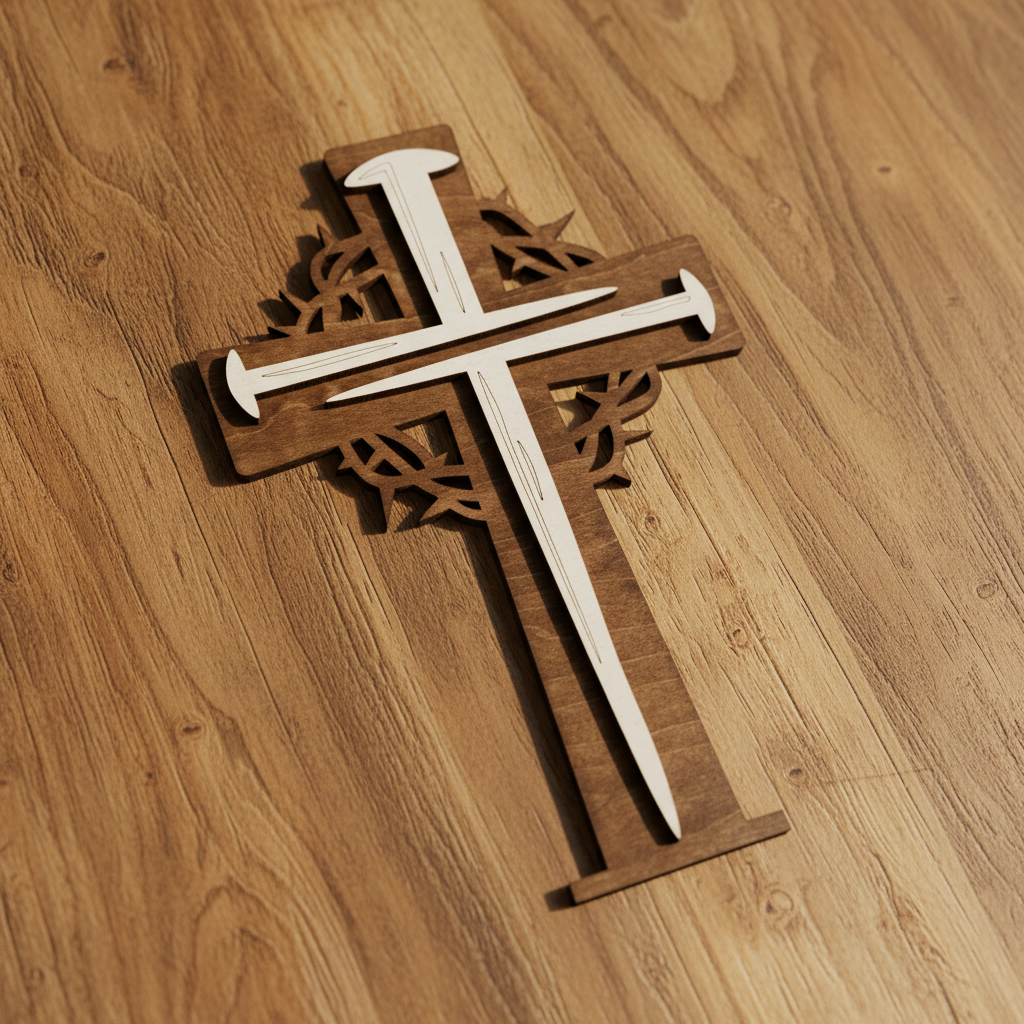 Laser Engraved Wood Cross Design 1 detail shot on rustic wood surface
