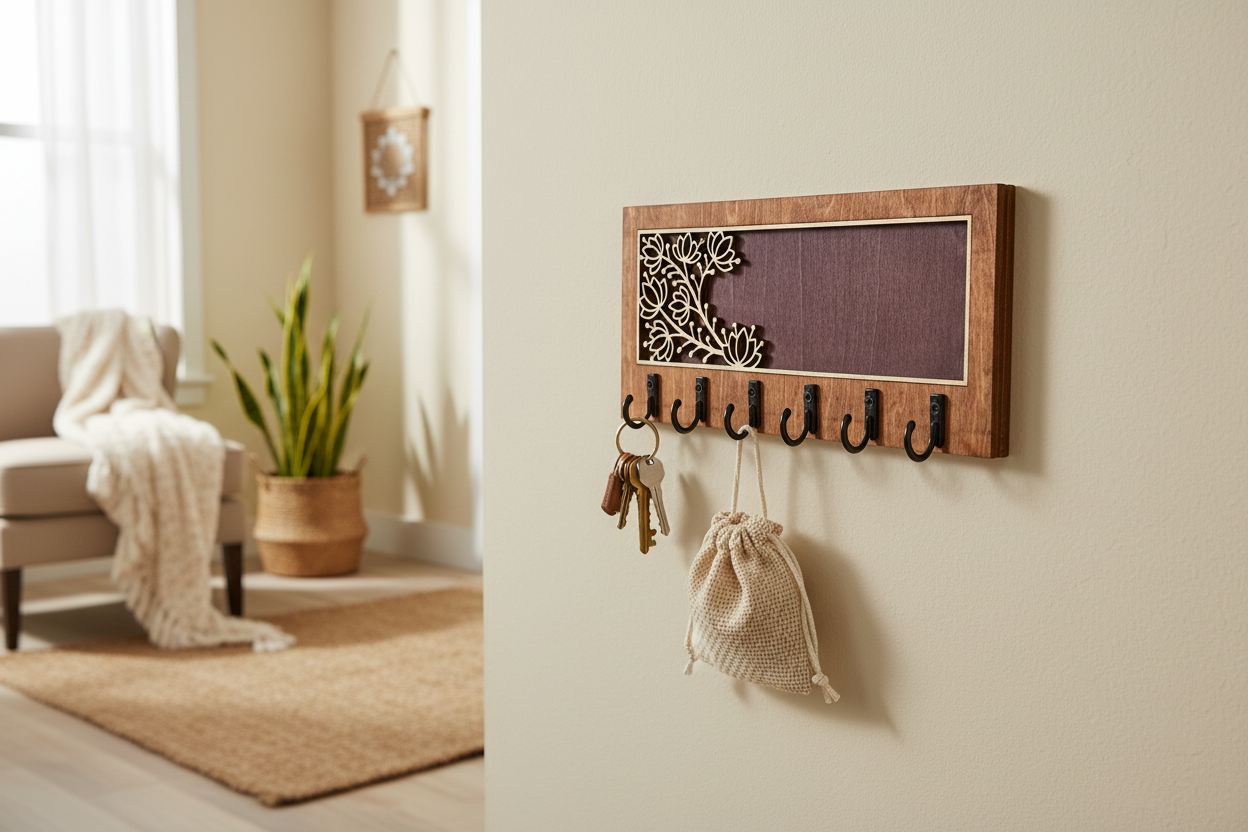 Lotus flower laser cut wood key hanger with 6 hooks mounted in entryway lifestyle photo
