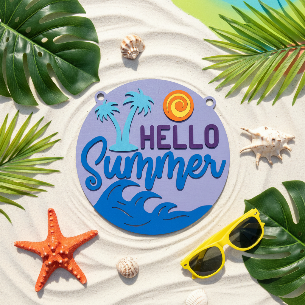 Round lavender laser engraved wood sign reading Hello Summer flat lay with summer beach props