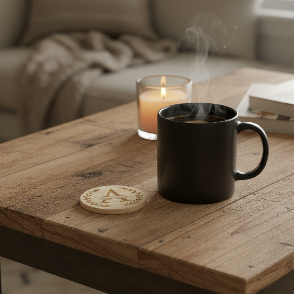 Laser engraved monogram wood coaster with laurel wreath lifestyle photo