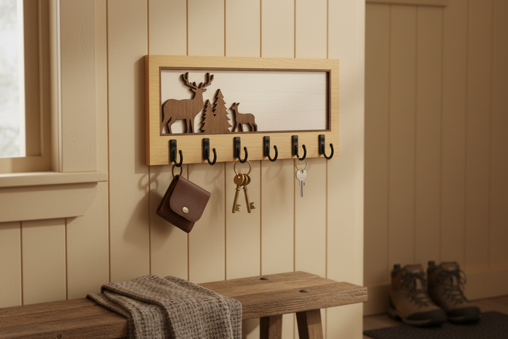 Woodland buck laser cut wood key hanger with 6 hooks mounted in rustic cabin entryway lifestyle photo