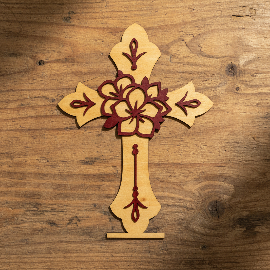Laser Engraved Wood Cross Floral Cross detail shot on rustic wood surface