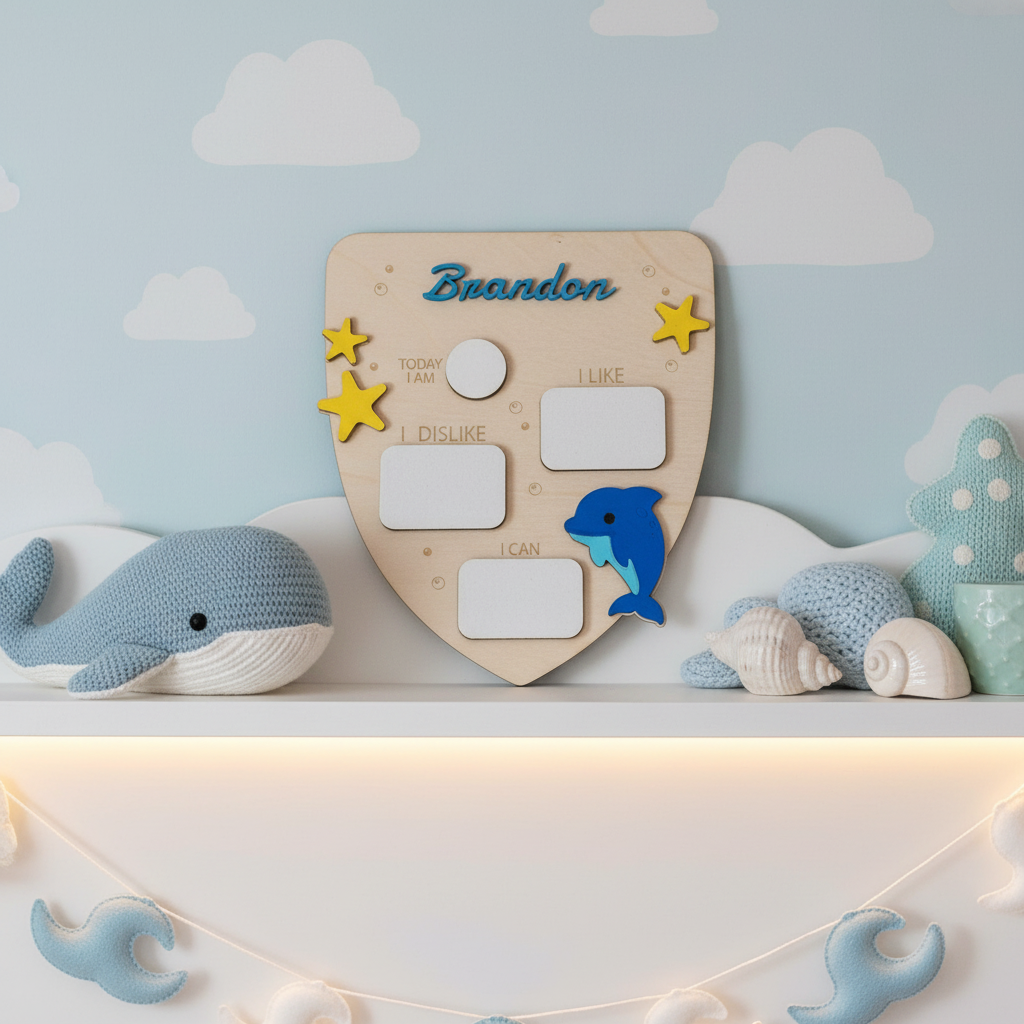 Shield-shaped dolphin milestone board with Today I Am, I Like, I Dislike and I Can sections in ocean nursery