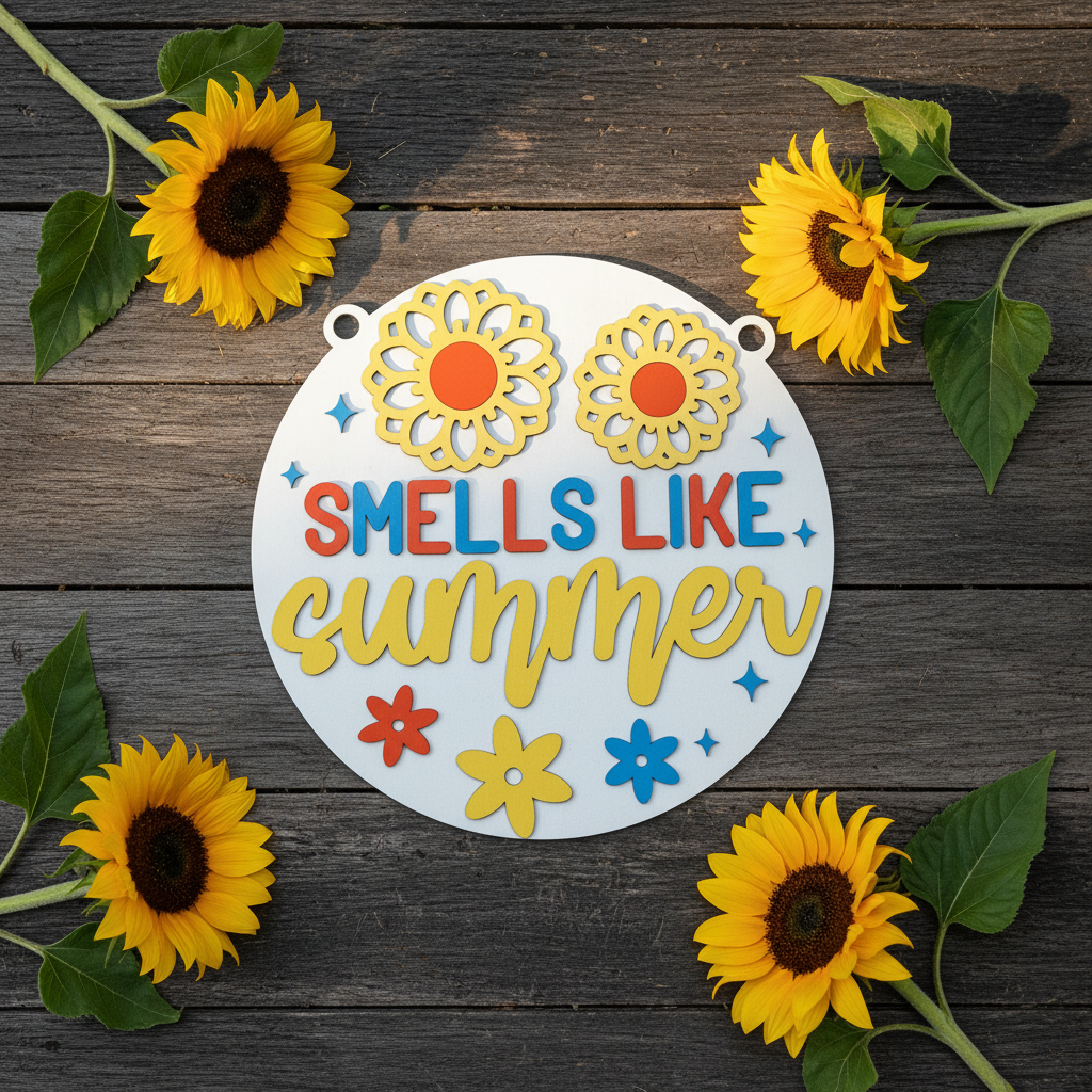 Round white laser engraved wood sign reading Smells Like Summer flat lay on rustic wood surface with sunflowers
